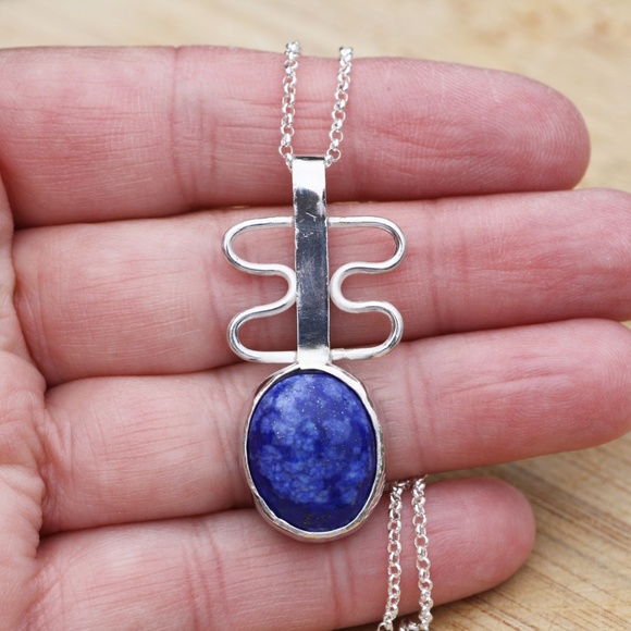 Handmade Large Natural Blue Lapis Pendant Sterling Silver - Picture 3 of 5